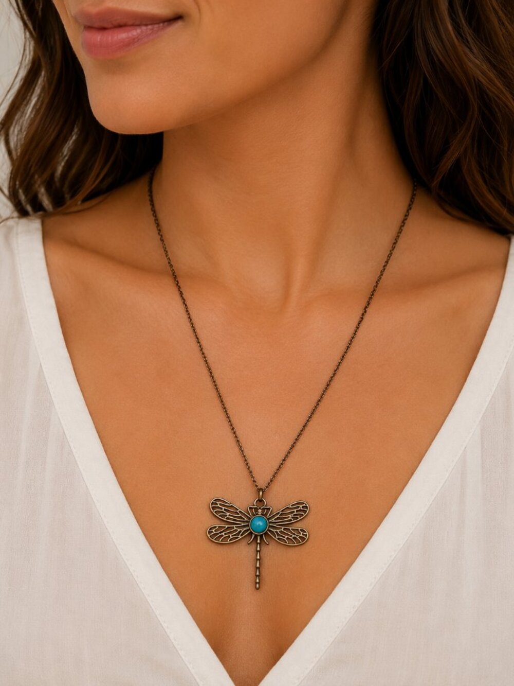 Vintage Dragonfly Pendant Necklace – Bronze Tone with Turquoise Accent